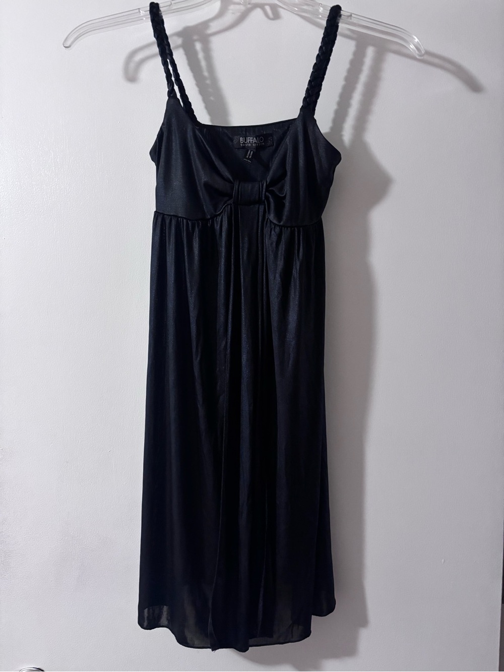 Buffalo David Bitton Black Satin Bow Babydoll Slip Dress Braided Straps Size S